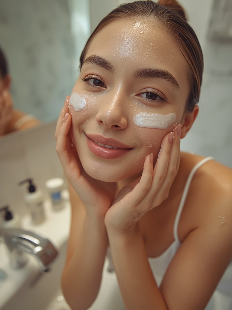 gentle face wash applied to damp skin