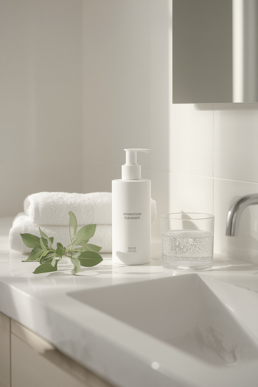 hydrating cleanser in bottle on bathroom counter