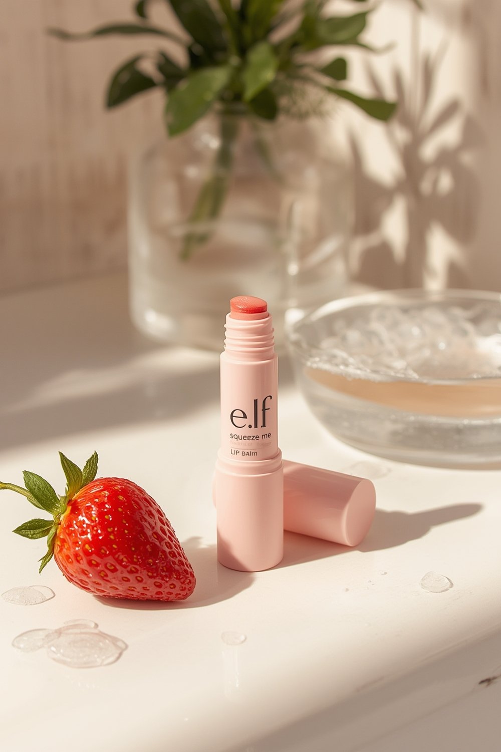 e.l.f. Squeeze Me Lip Balm, Moisturizing Lip Balm For A Sheer Tint Of Color, Infused With Hyaluronic Acid, Vegan & Cruelty-free, Strawberry 1 lip balm - e.l.f. Squeeze Me Lip Balm moisturizing hydrated lips in use