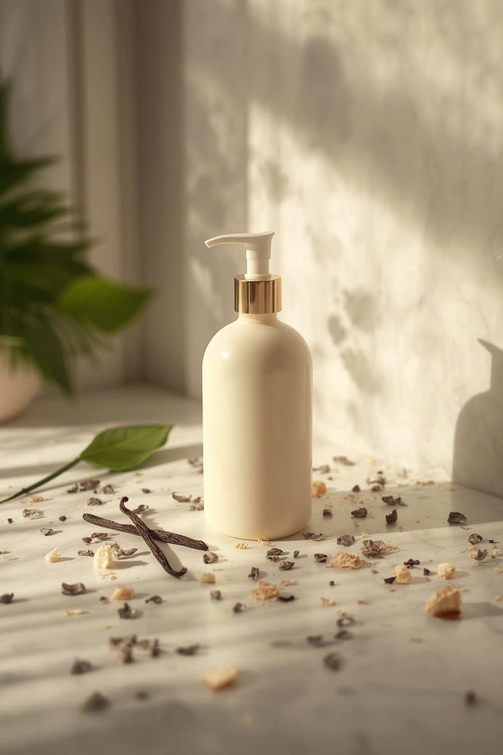 vanilla lotion bottle on textured surface