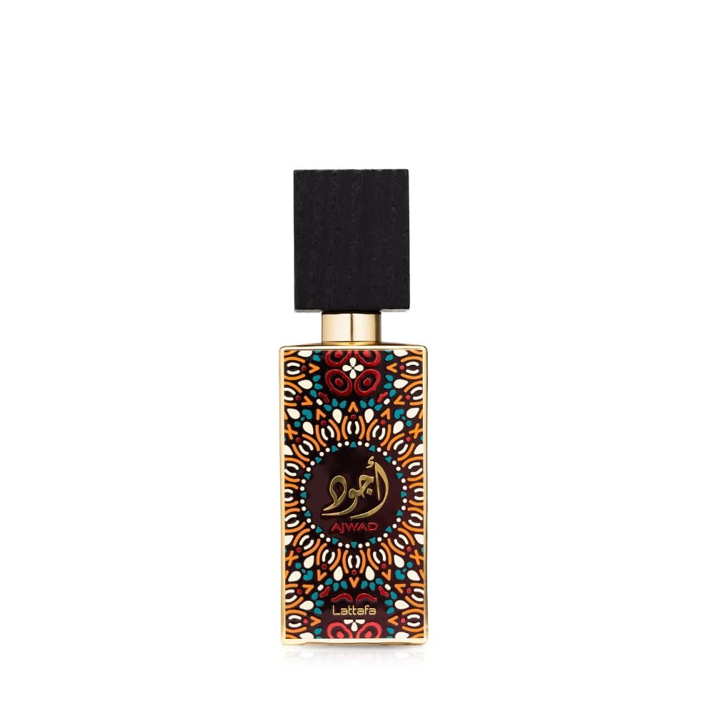 Elegant bottle of Lattafa Ajwad Perfume, 60ml unisex Eau de Parfum with fruity, floral, and woody notes.