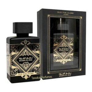 "Lattafa Badee Al Oud – Oud for Glory EDP 100ml luxury Arabian perfume with saffron, oud, and patchouli."