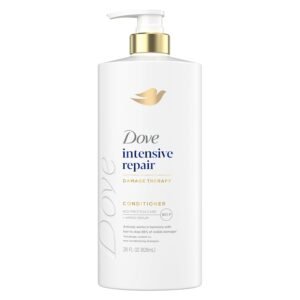 “Dove Intensive Repair Conditioner bottle with gold pump, featuring Bio-Protein Care Technology for damaged hair.”
