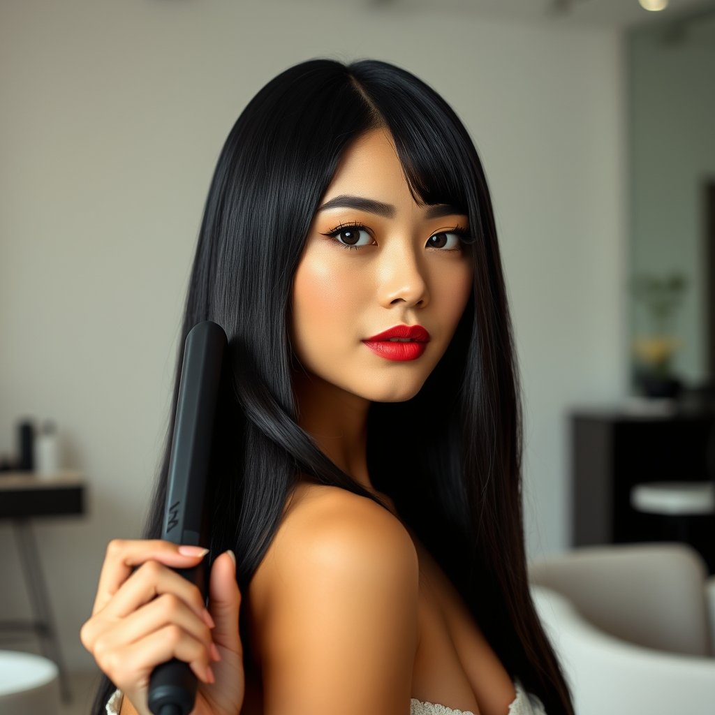 Person using ceramic straightener for smooth hair